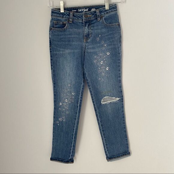 Cat & Jack Girls’ Skinny Girlfriend Jeans Embroidered Distressed - Picture 1 of 5